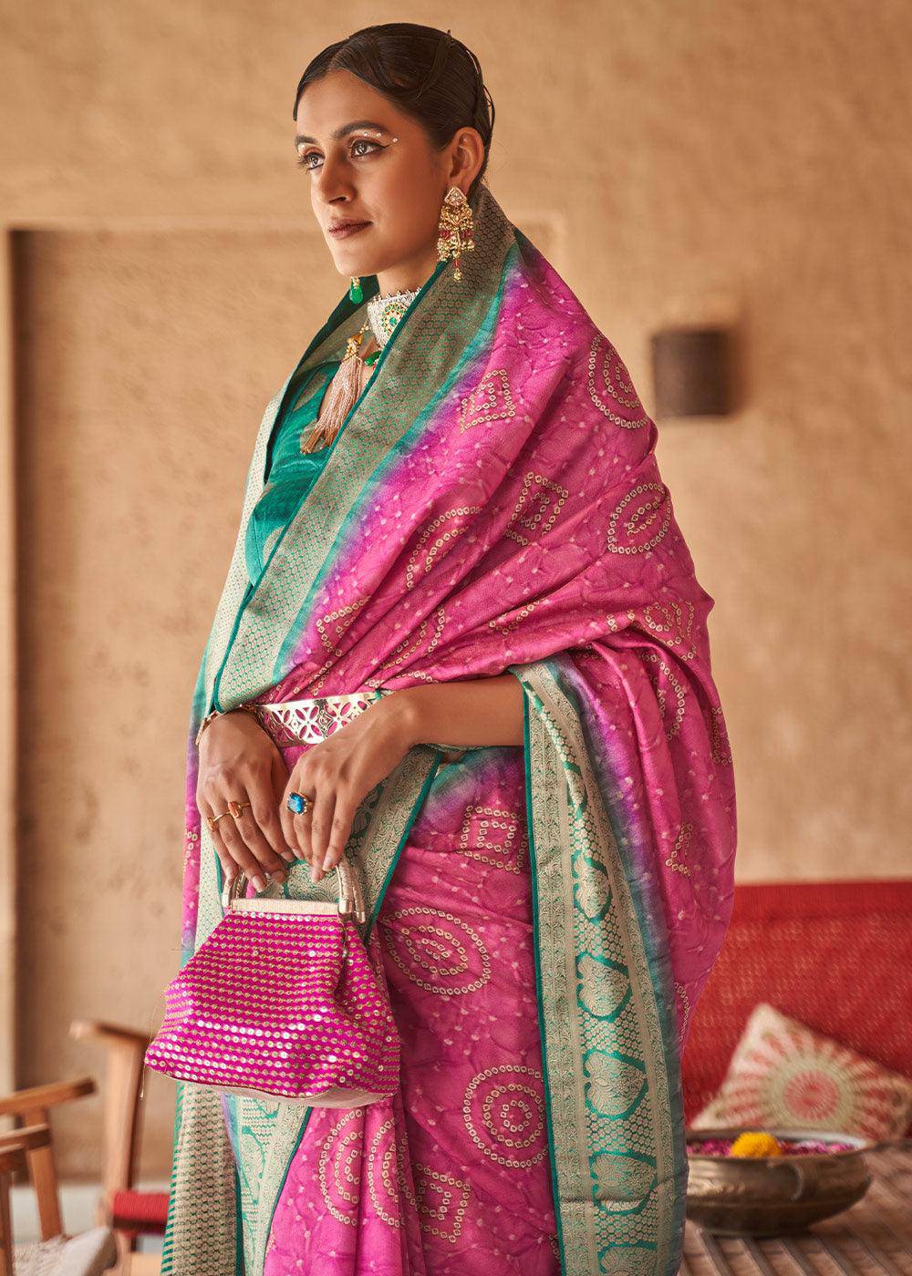 Fuschia Pink Bandhani Design Silk Saree with Jacquard Border & Pallu | Stitched Blouse - qivii