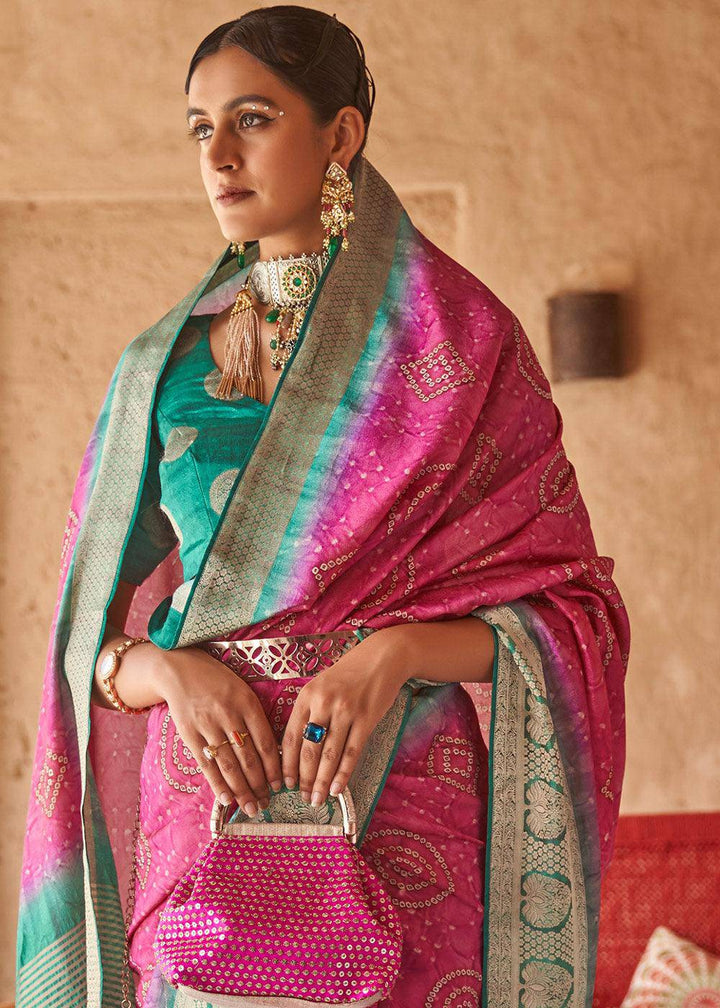 Fuschia Pink Bandhani Design Silk Saree with Jacquard Border & Pallu | Stitched Blouse - qivii