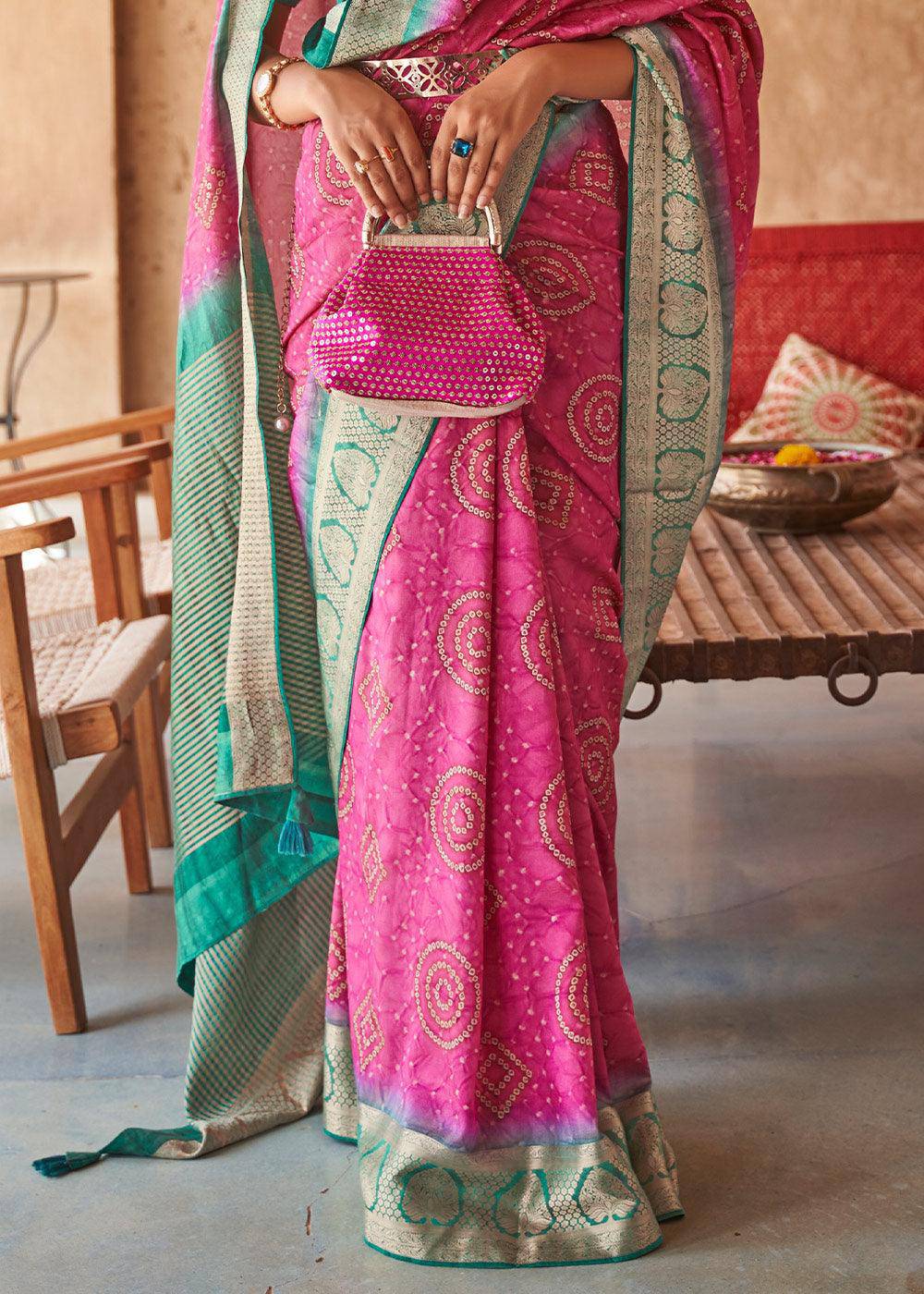 Fuschia Pink Bandhani Design Silk Saree with Jacquard Border & Pallu | Stitched Blouse - qivii