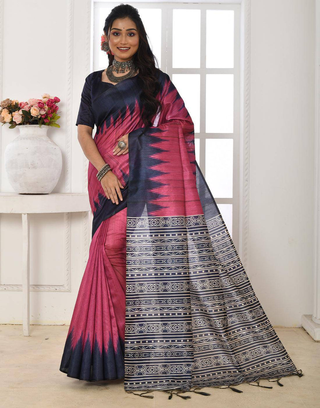 Fuschia Rose Pink Tussar Silk Temple Print Saree | Stitched Blouse - qivii