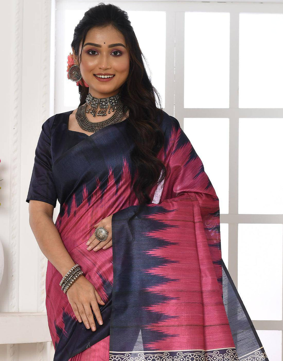 Fuschia Rose Pink Tussar Silk Temple Print Saree | Stitched Blouse - qivii