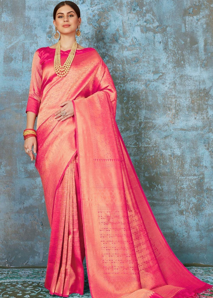 Fuscia Pink Handloom Weave Kanjivaram Silk Saree : Special Wedding Edition | Stitched Blouse - qivii