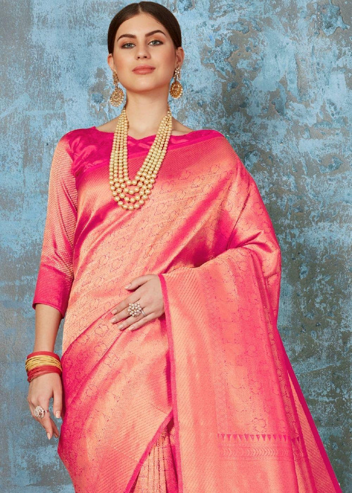 Fuscia Pink Handloom Weave Kanjivaram Silk Saree : Special Wedding Edition | Stitched Blouse - qivii