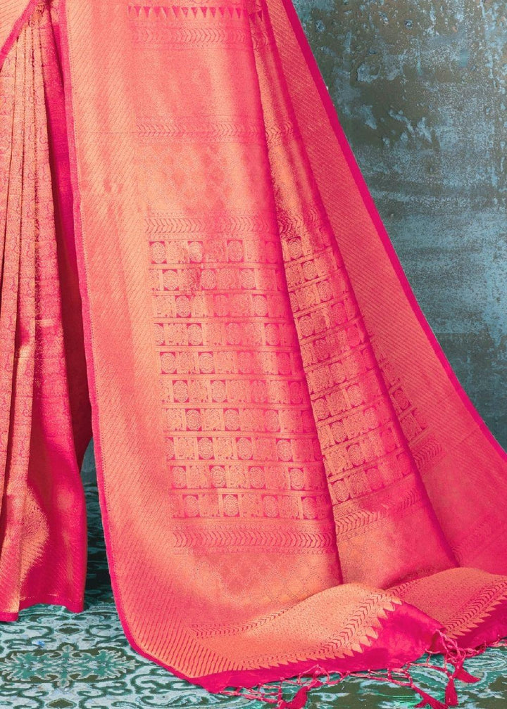 Fuscia Pink Handloom Weave Kanjivaram Silk Saree : Special Wedding Edition | Stitched Blouse - qivii