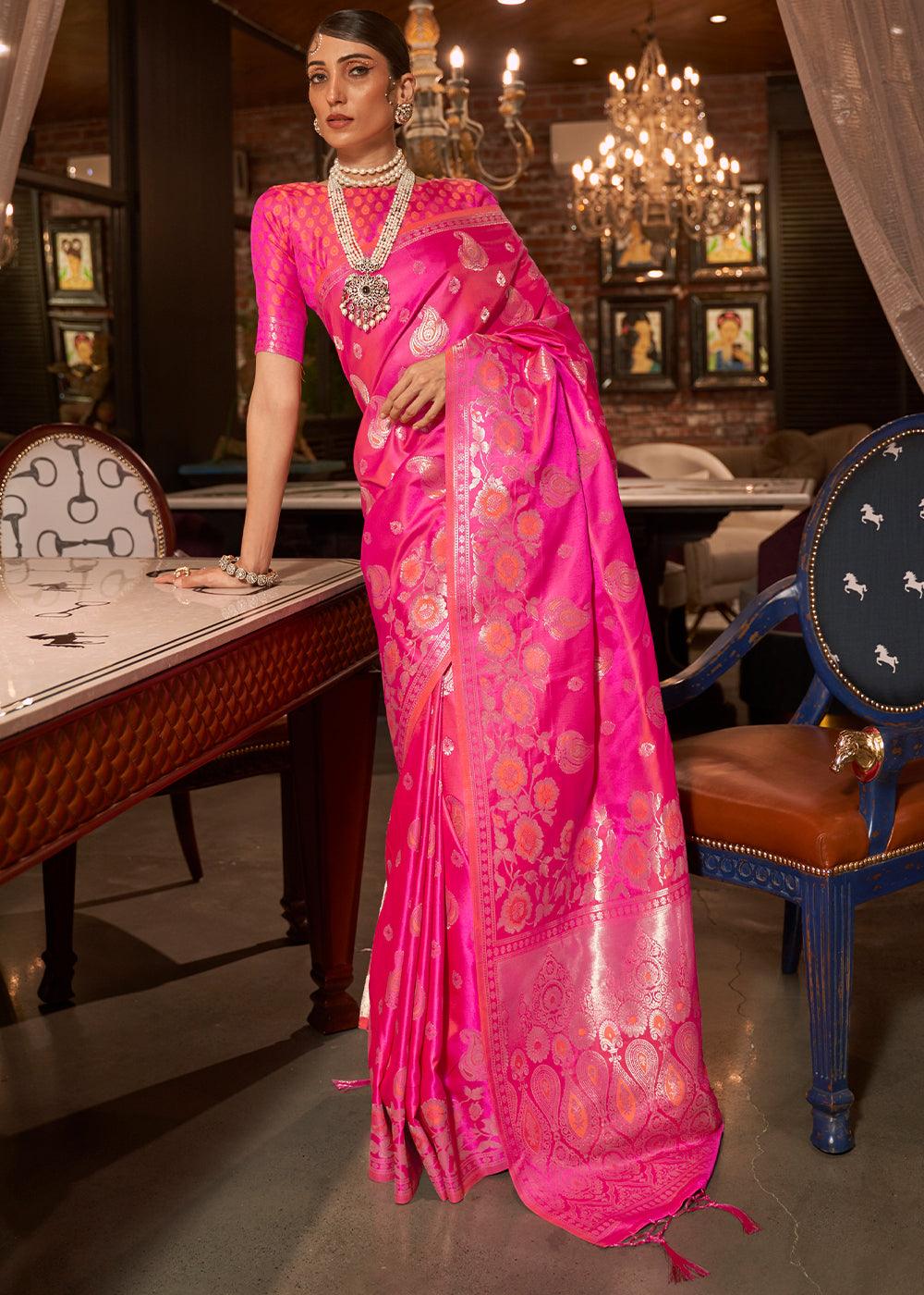 Fuscia Pink Handloom Woven Satin Silk Saree | Stitched Blouse - qivii