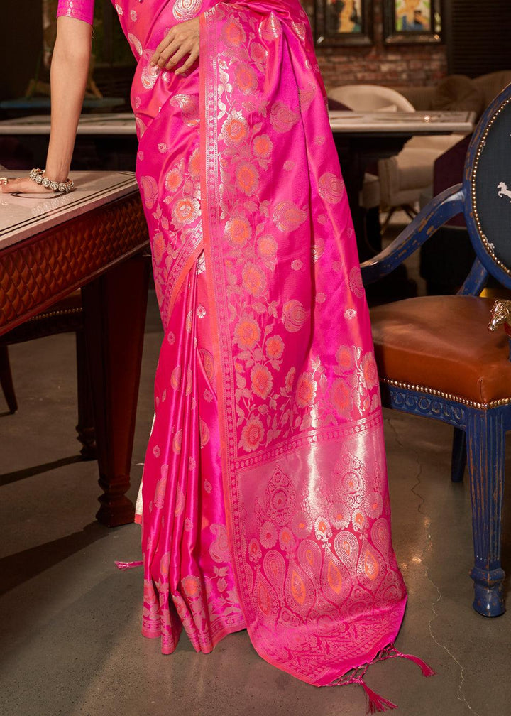 Fuscia Pink Handloom Woven Satin Silk Saree | Stitched Blouse - qivii