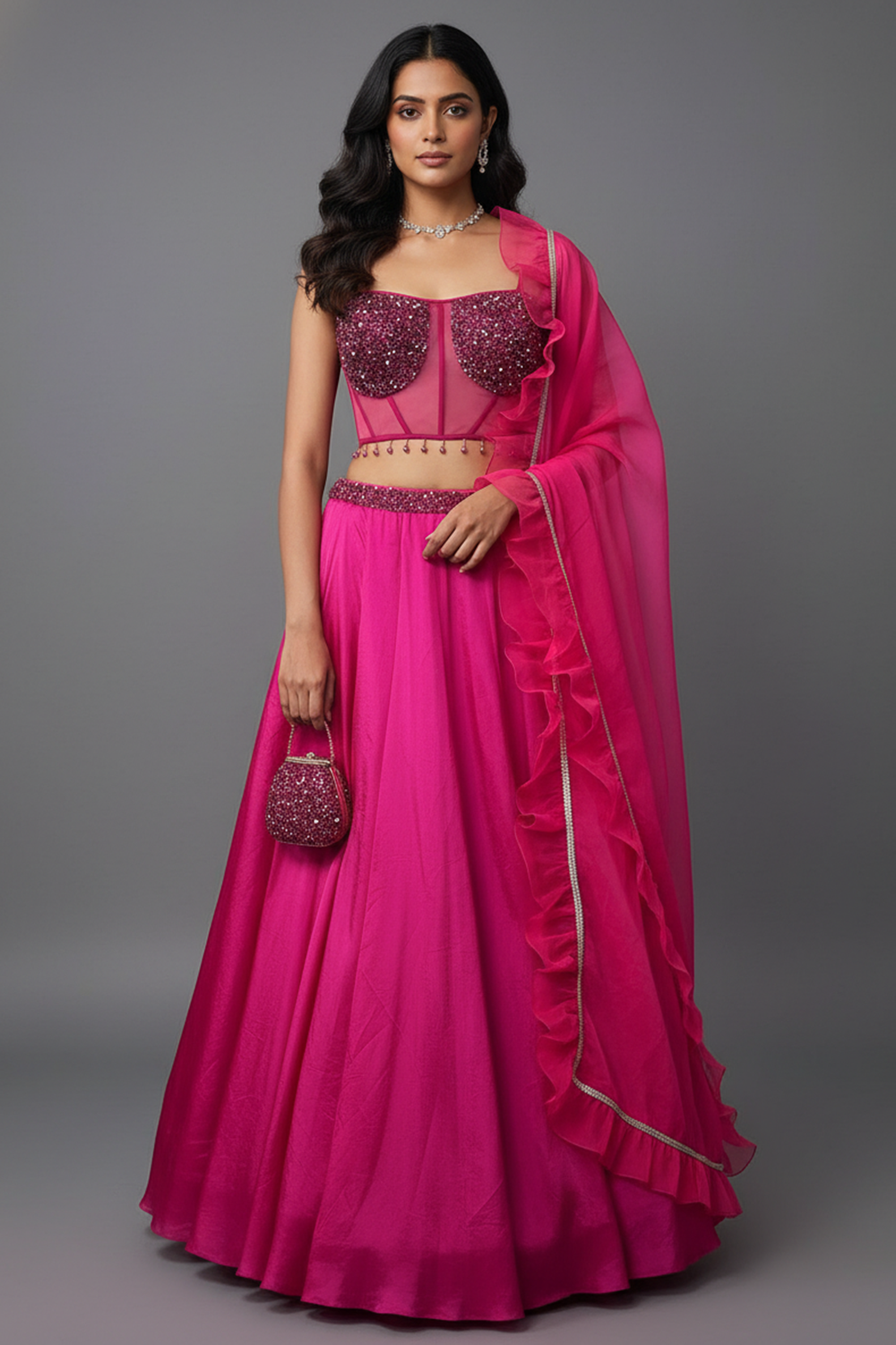 Fuscia Pink Lehenga with Corset Blouse & Dupatta