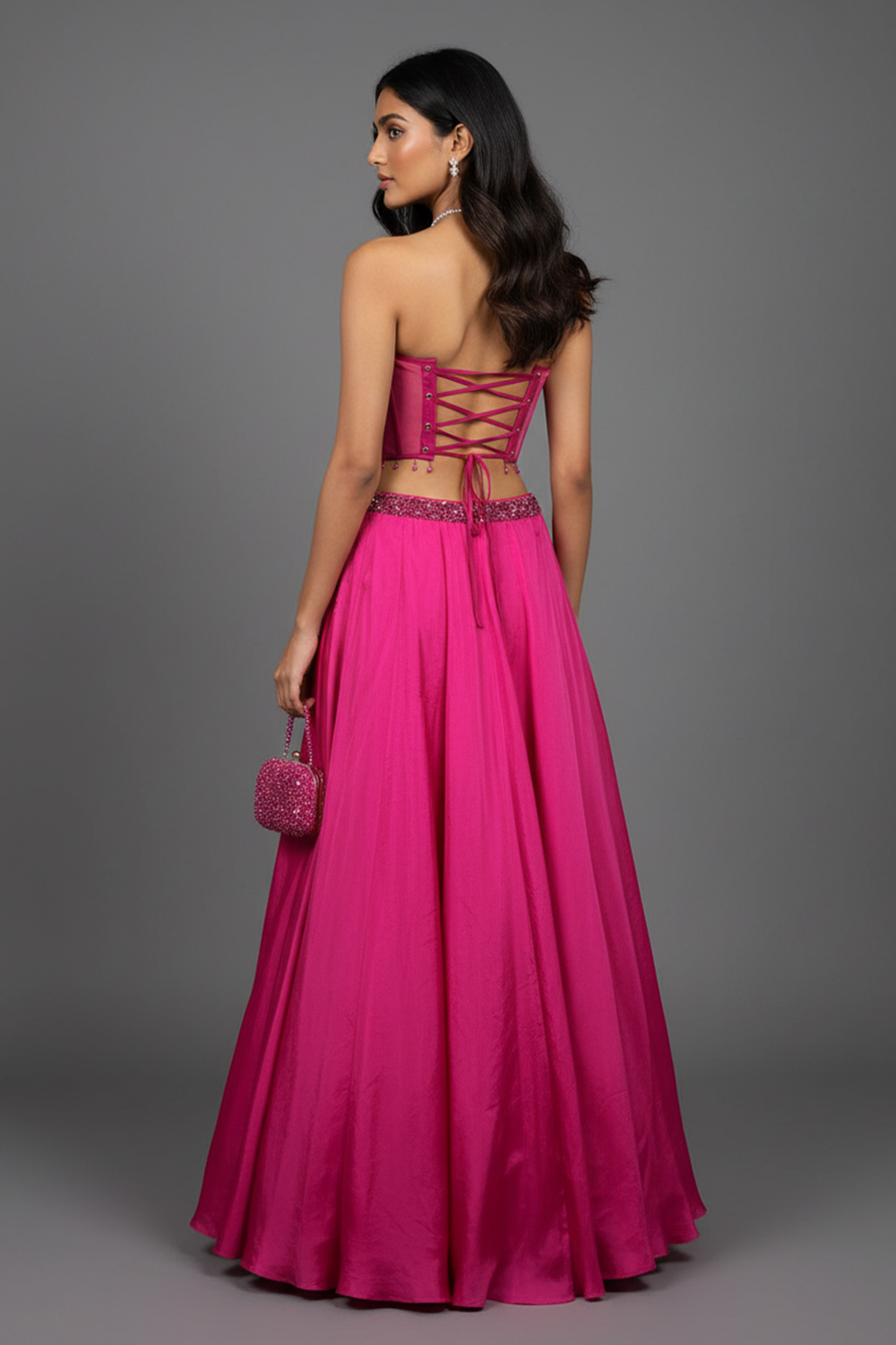 Fuscia Pink Lehenga with Corset Blouse & Dupatta