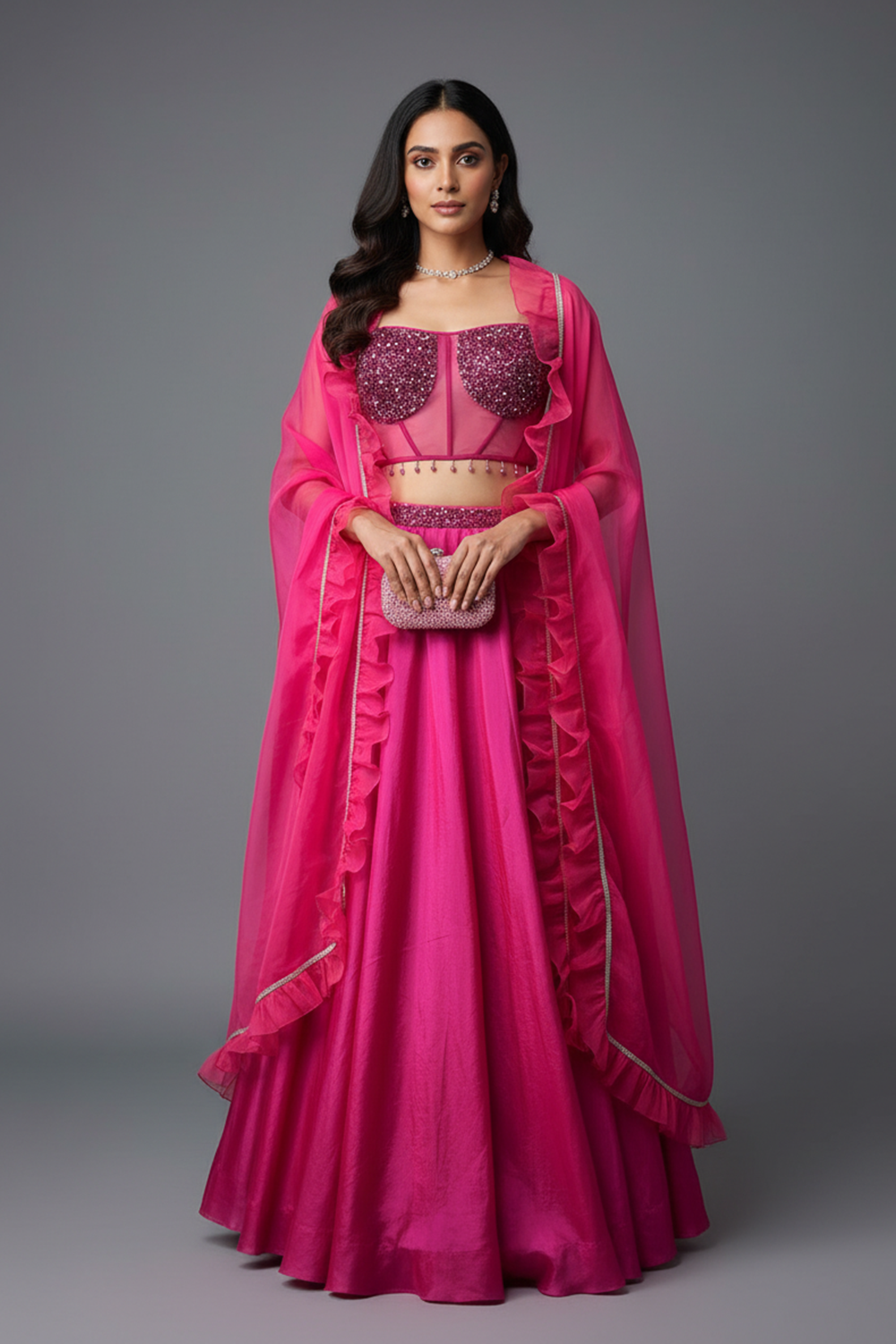 Fuscia Pink Lehenga with Corset Blouse & Dupatta