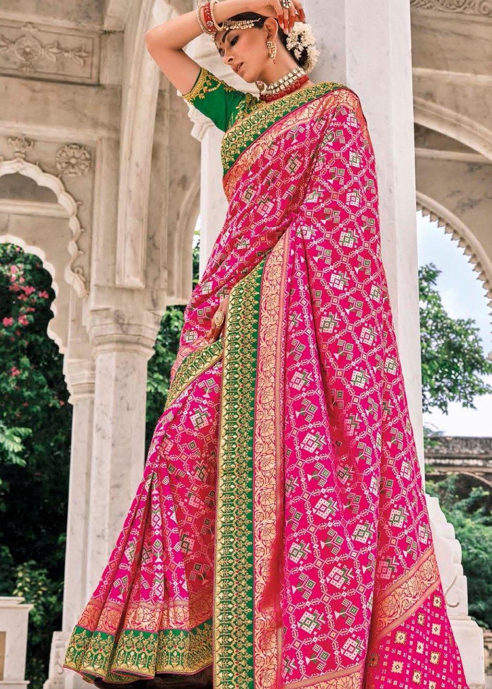 Fuscia Pink Patan Patola Silk Saree with Embroidered Blouse | Stitched Blouse - qivii