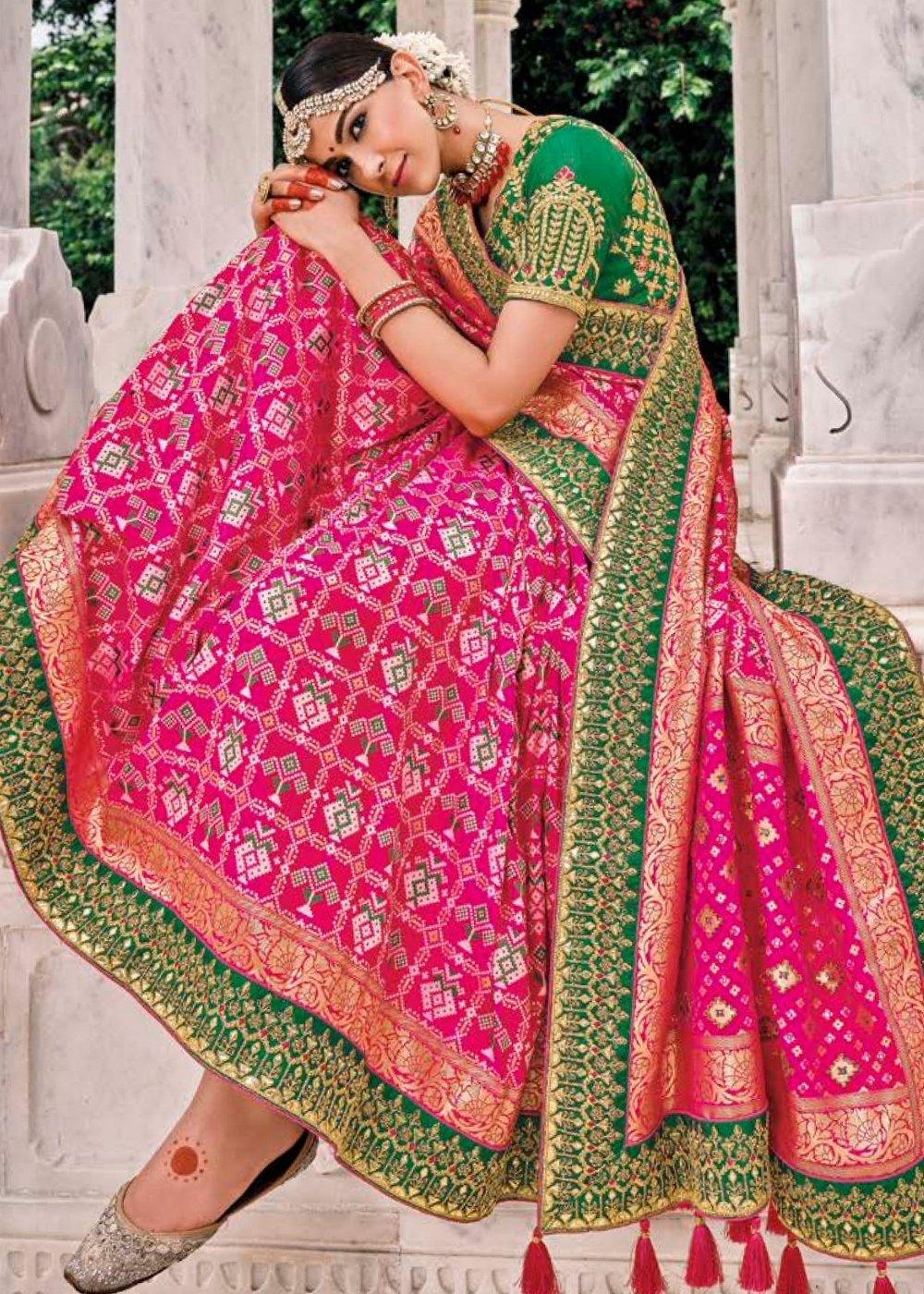 Fuscia Pink Patan Patola Silk Saree with Embroidered Blouse | Stitched Blouse - qivii