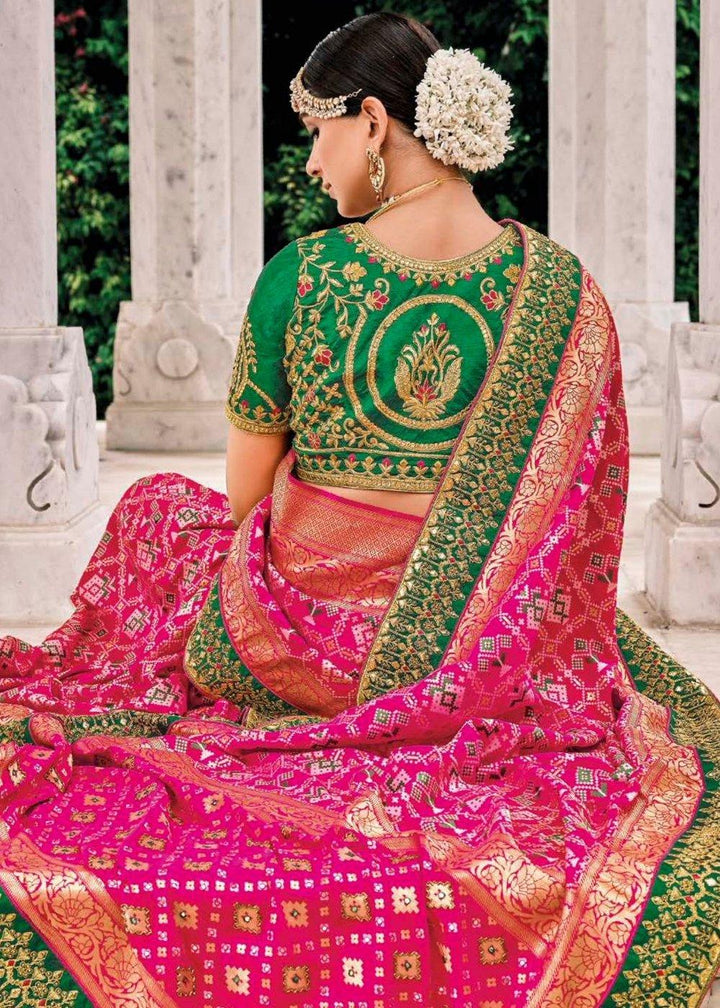 Fuscia Pink Patan Patola Silk Saree with Embroidered Blouse | Stitched Blouse - qivii