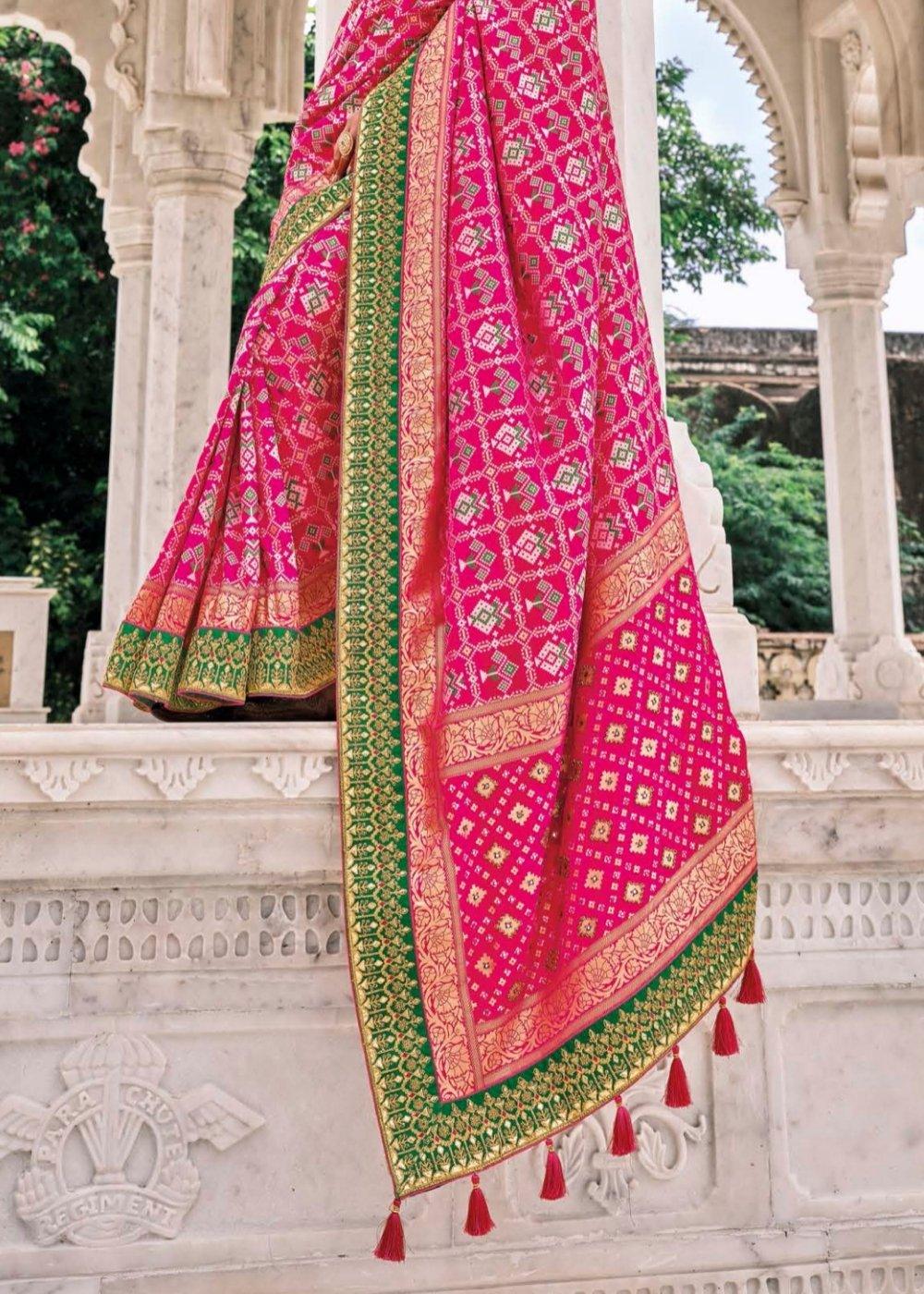 Fuscia Pink Patan Patola Silk Saree with Embroidered Blouse | Stitched Blouse - qivii