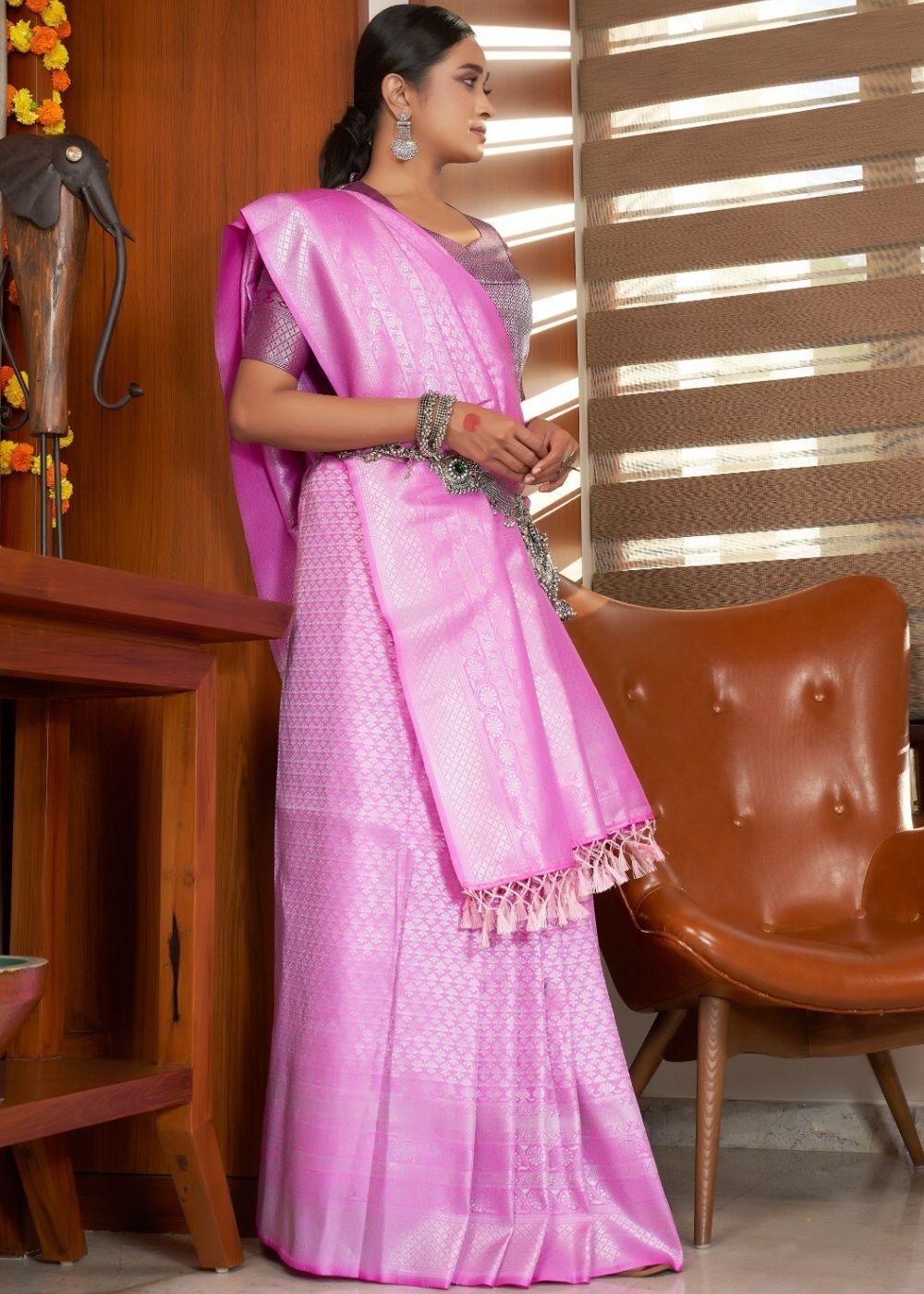 Fuscia Pink Silver Zari work Kanjivaram Silk Saree | Stitched Blouse - qivii