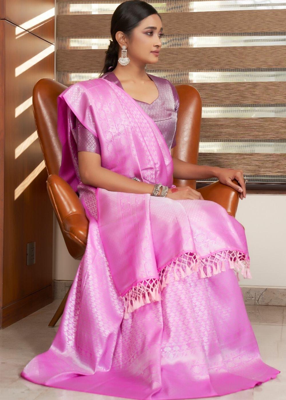 Fuscia Pink Silver Zari work Kanjivaram Silk Saree | Stitched Blouse - qivii