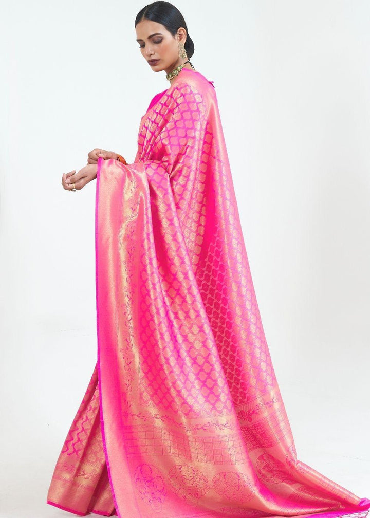 Fuscia Pink Woven Kanjivaram Silk Saree : Limited Edition | Stitched Blouse - qivii