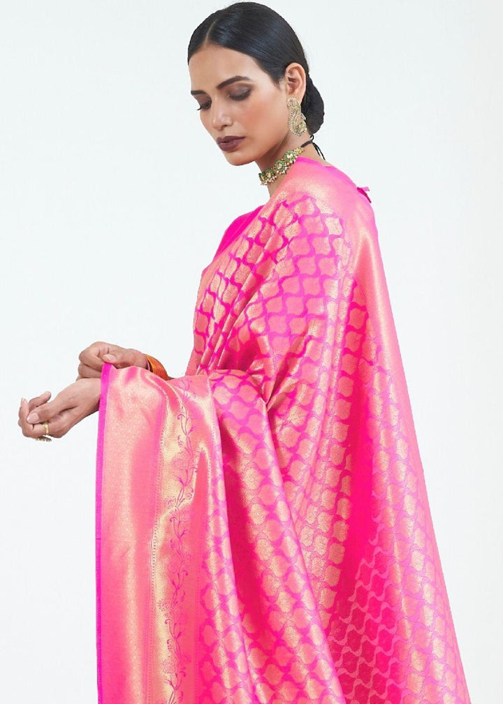 Fuscia Pink Woven Kanjivaram Silk Saree : Limited Edition | Stitched Blouse - qivii