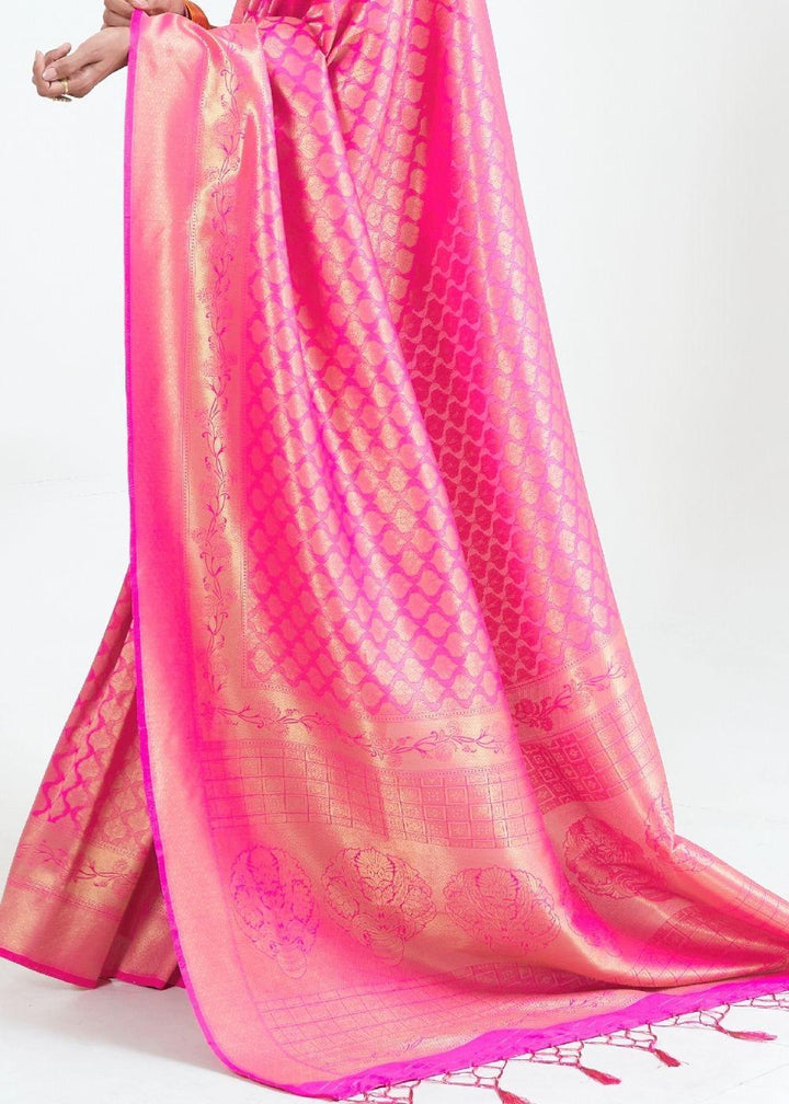 Fuscia Pink Woven Kanjivaram Silk Saree : Limited Edition | Stitched Blouse - qivii