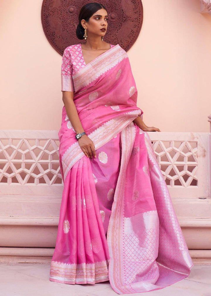 Fuscia Pink Woven Linen Silk Saree | Stitched Blouse - qivii