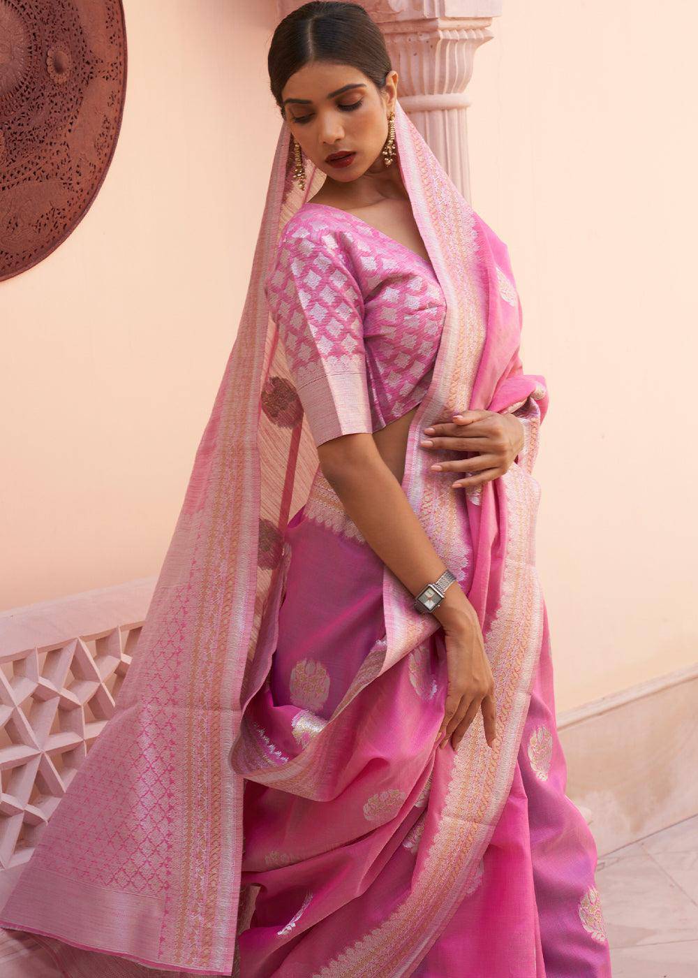 Fuscia Pink Woven Linen Silk Saree | Stitched Blouse - qivii