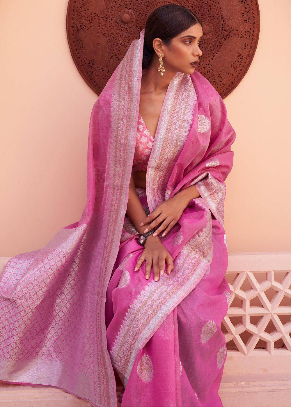 Fuscia Pink Woven Linen Silk Saree | Stitched Blouse - qivii