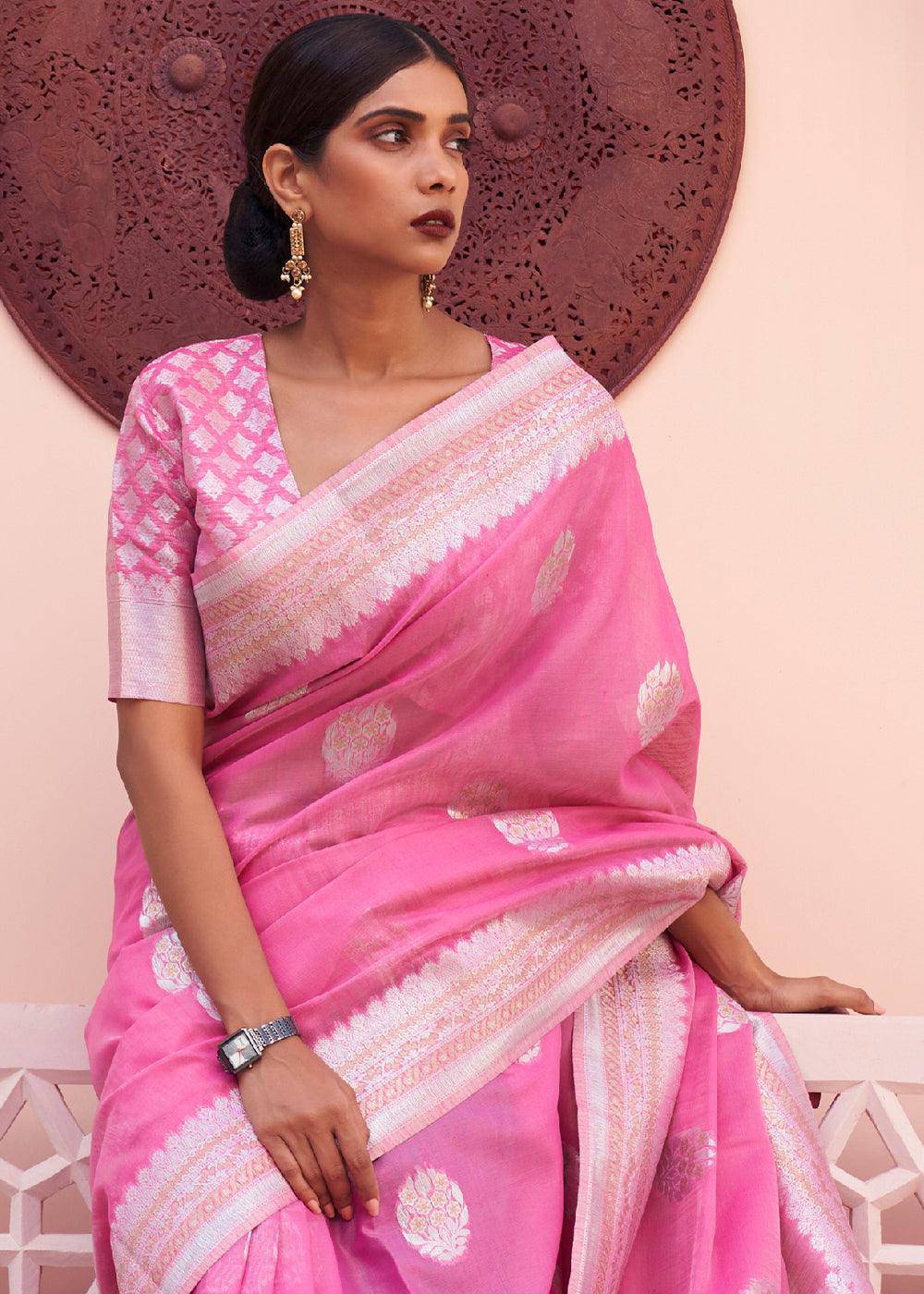 Fuscia Pink Woven Linen Silk Saree | Stitched Blouse - qivii