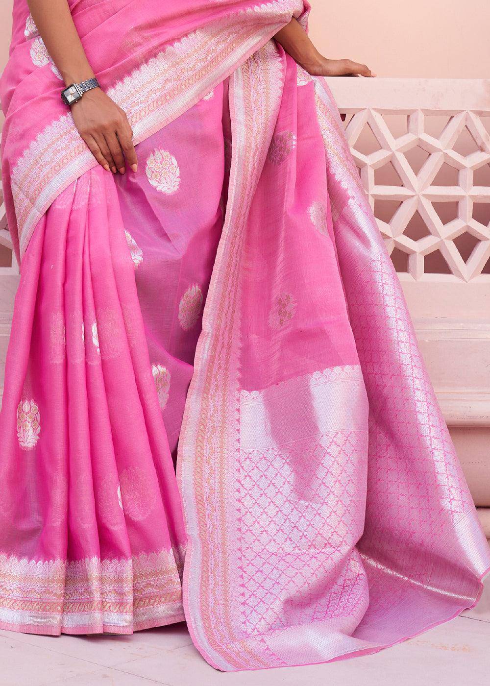 Fuscia Pink Woven Linen Silk Saree | Stitched Blouse - qivii