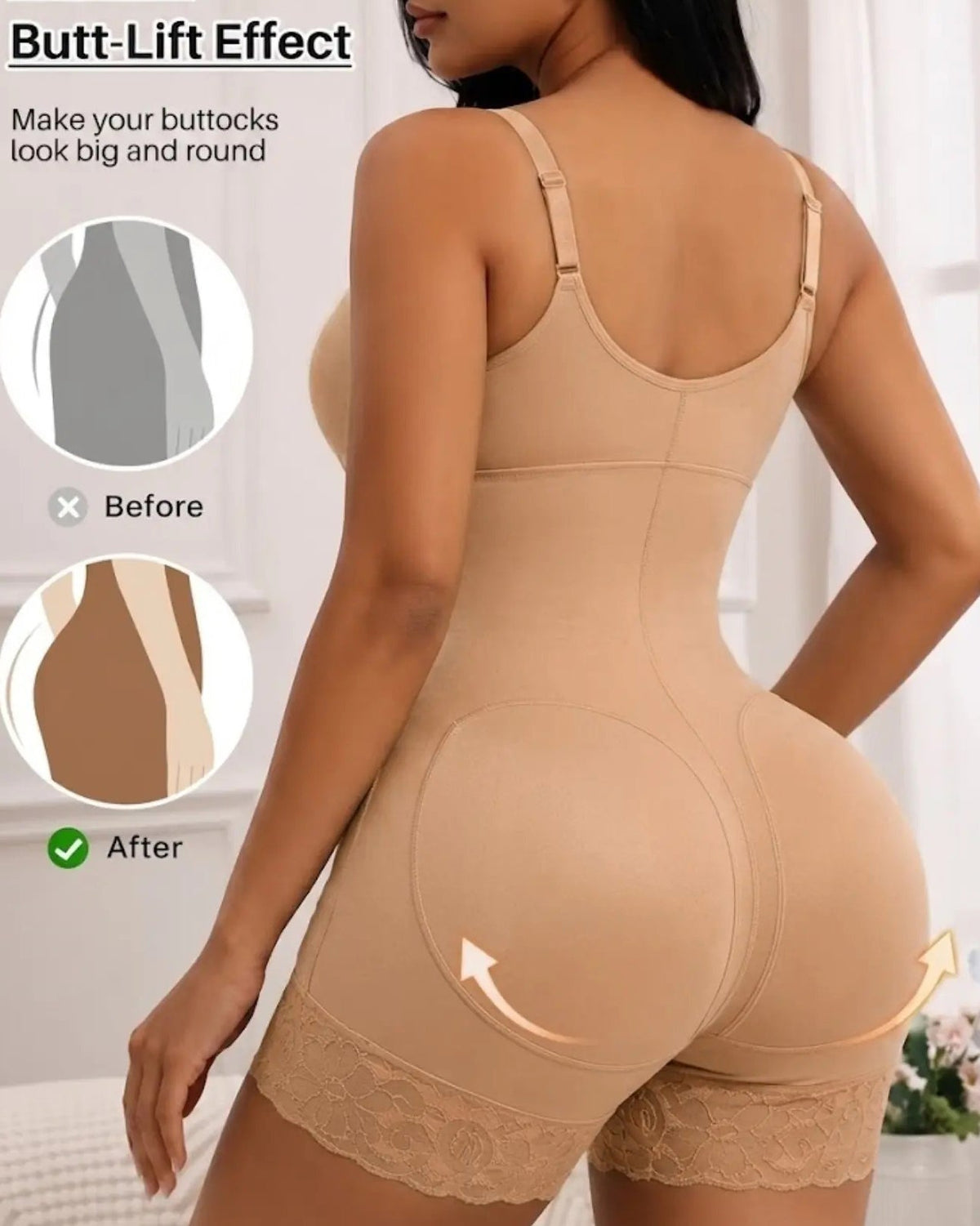 Front Zip Adjustable Strap Tummy Control Butt Lifting Bodysuit Shapewear