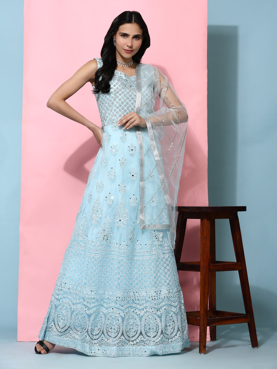 SKY BLUE NET PARTY WEAR GOWN