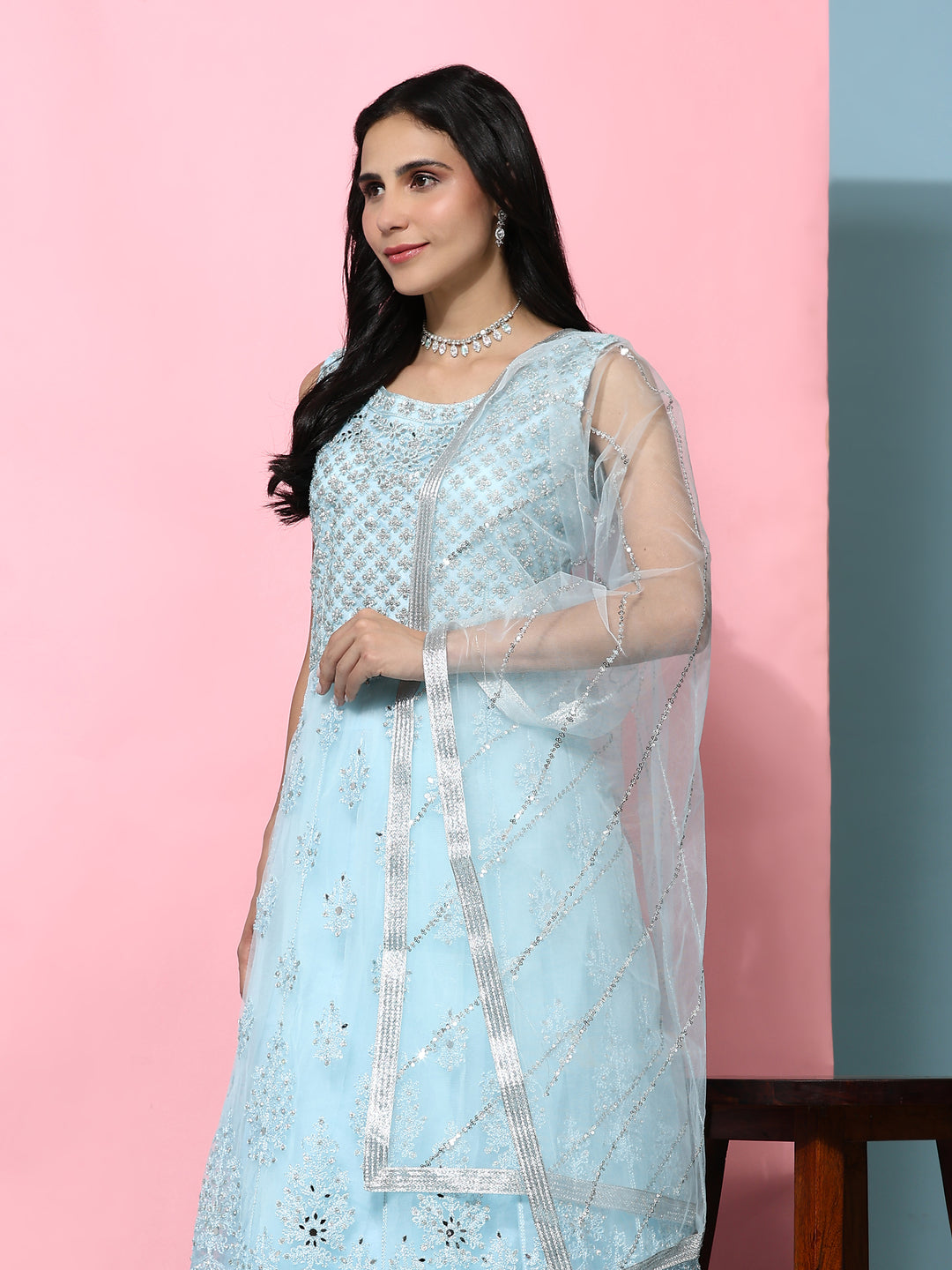 SKY BLUE NET PARTY WEAR GOWN