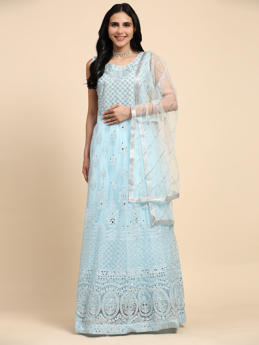 SKY BLUE NET PARTY WEAR GOWN