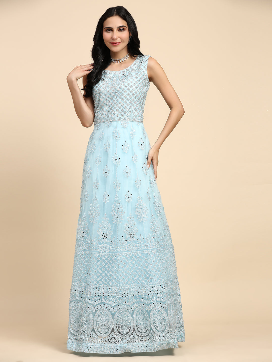 SKY BLUE NET PARTY WEAR GOWN