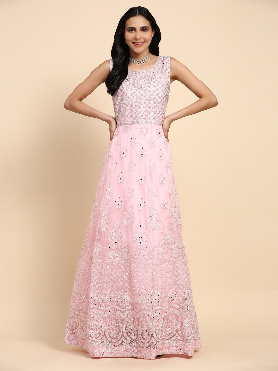 BABY PINK NET PARTY WEAR GOWN