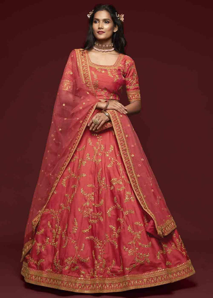 Gajri Pink Silk Lehenga Choli with Thread,Zari,Dori & Sequins work - qivii