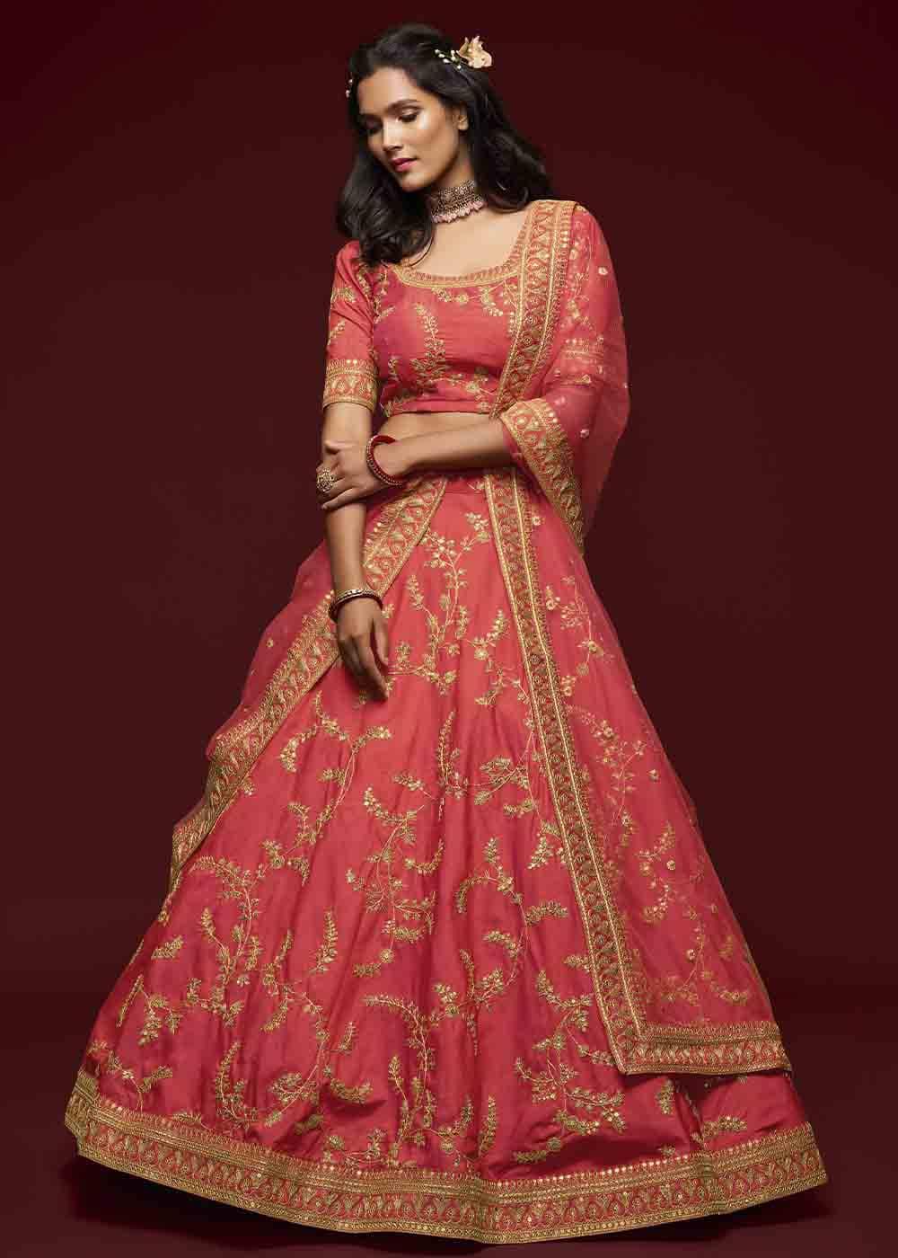 Gajri Pink Silk Lehenga Choli with Thread,Zari,Dori & Sequins work - qivii