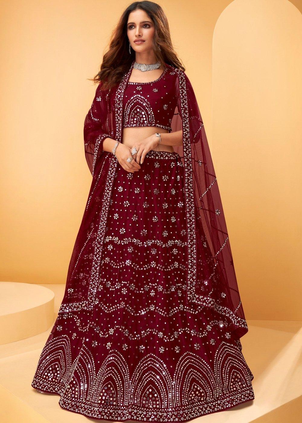 Garnet Red Net Lehenga Choli with Thread Embroidery,Mirror & Zarkan work - qivii