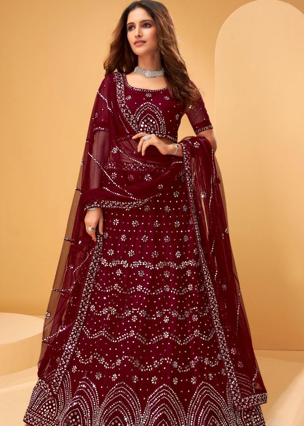 Garnet Red Net Lehenga Choli with Thread Embroidery,Mirror & Zarkan work - qivii