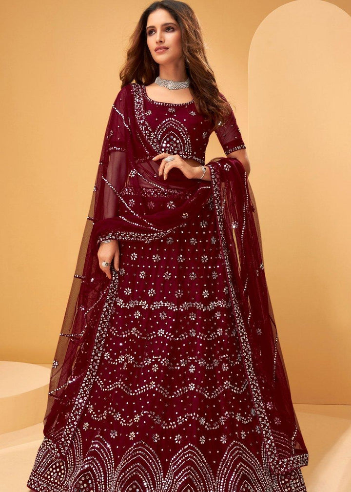 Garnet Red Net Lehenga Choli with Thread Embroidery,Mirror & Zarkan work - qivii