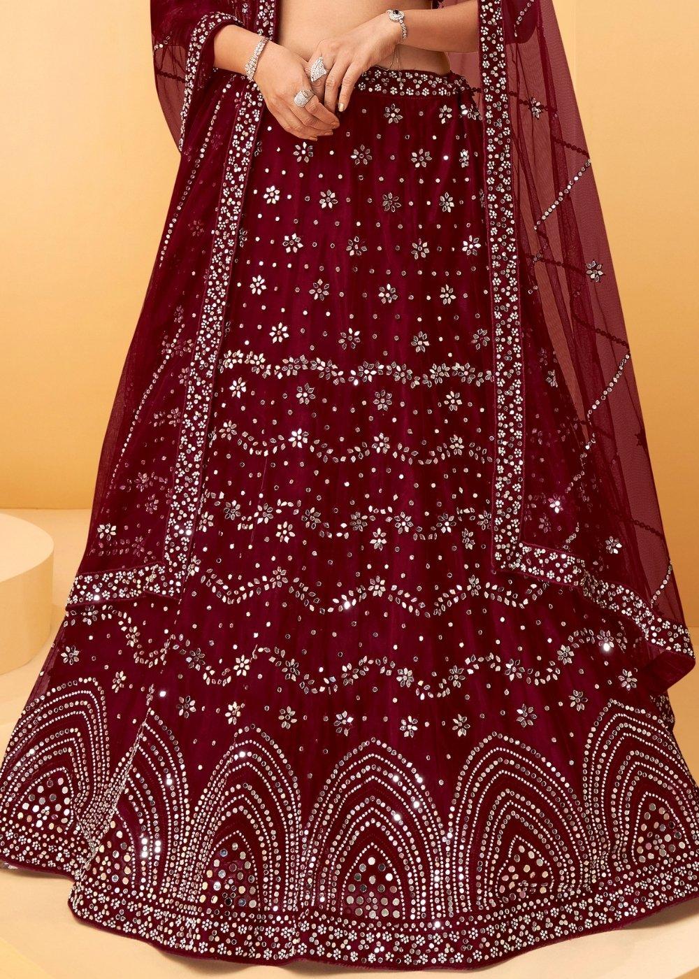 Garnet Red Net Lehenga Choli with Thread Embroidery,Mirror & Zarkan work - qivii