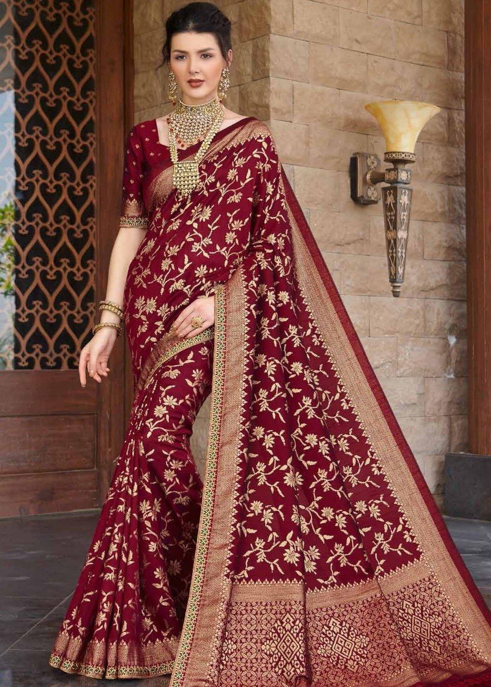 Garnet Red Zari Woven Banarasi Silk Saree with Brocade Blouse | Stitched Blouse - qivii