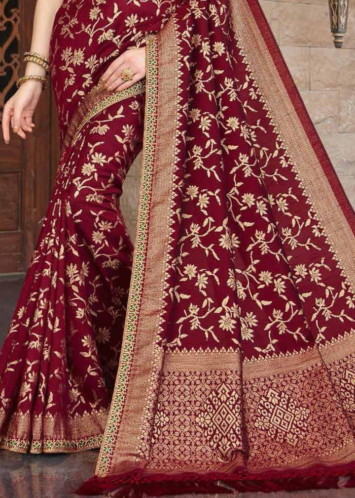 Garnet Red Zari Woven Banarasi Silk Saree with Brocade Blouse | Stitched Blouse - qivii