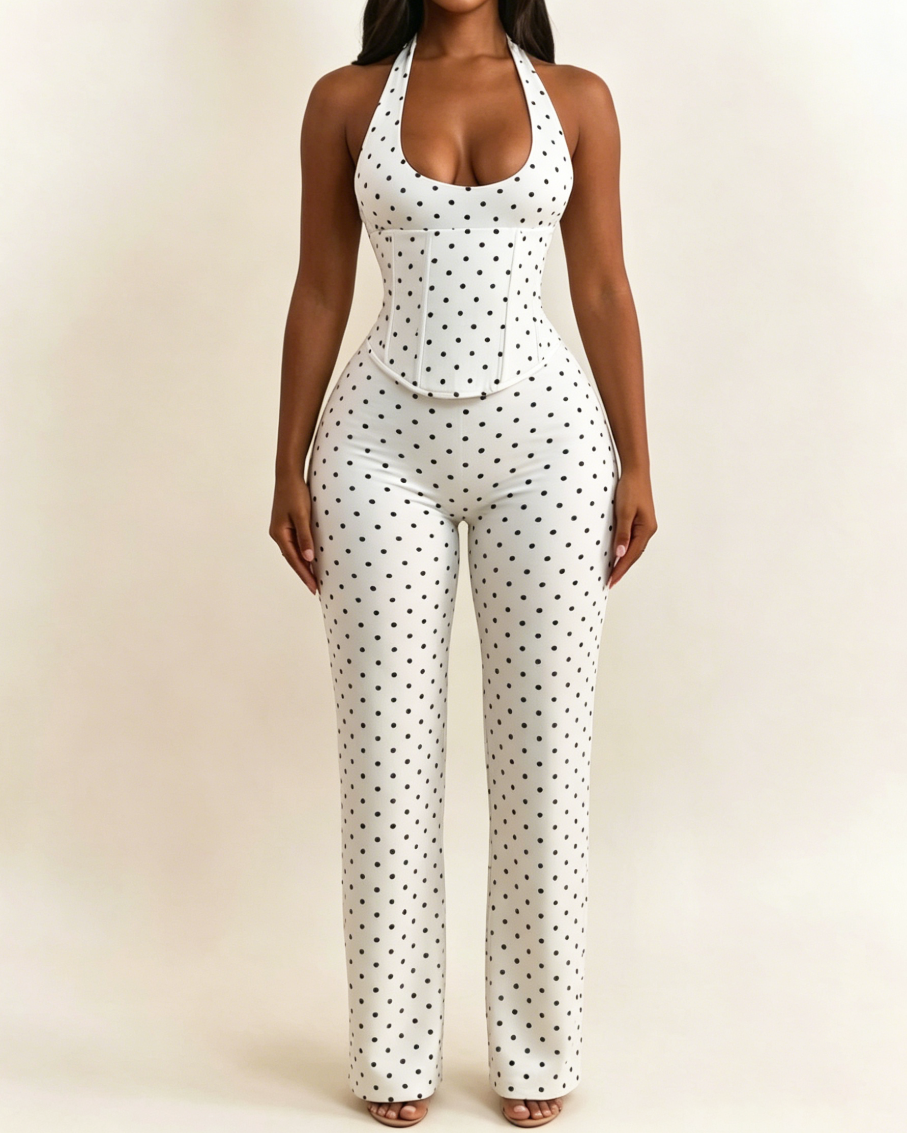 Polk Dot Halter-Neck Backless Detachable Corset Wide-leg Jumpsuit Two-Piece Set  - By Qivii