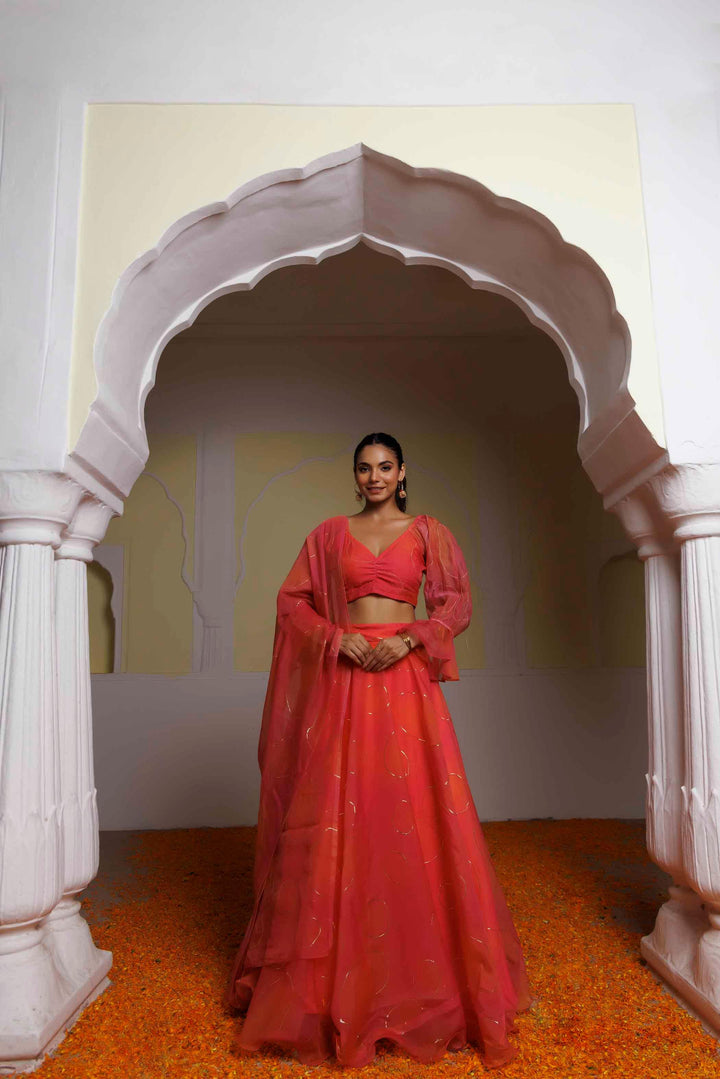 Georgia Peach Coral Lehenga Set - qivii