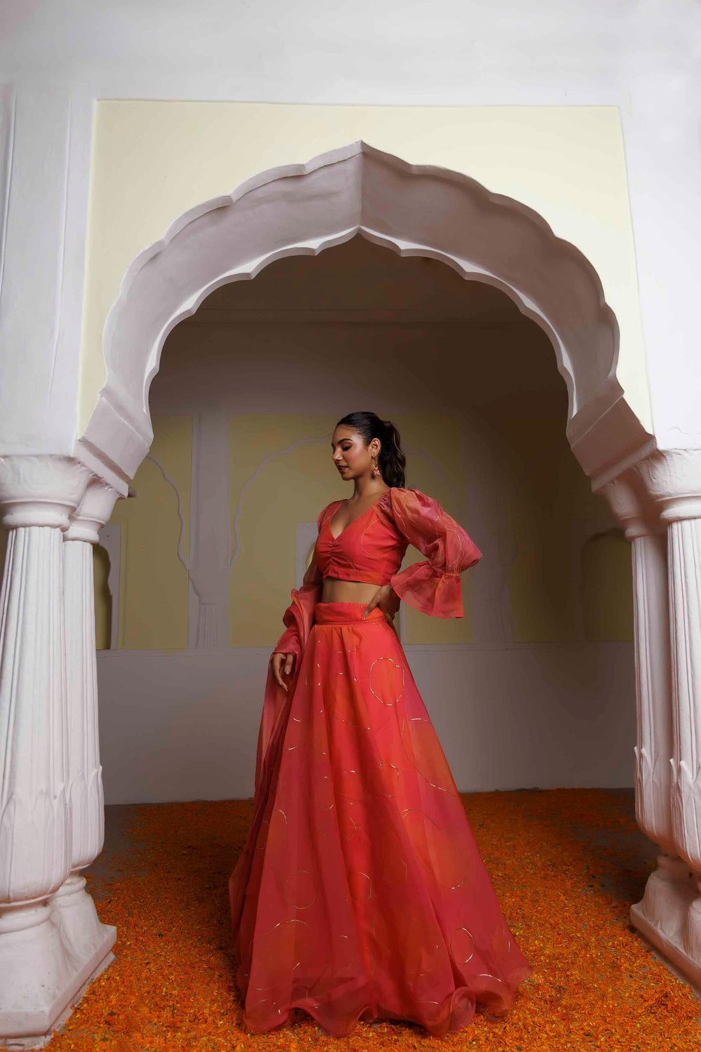 Georgia Peach Coral Lehenga Set - qivii