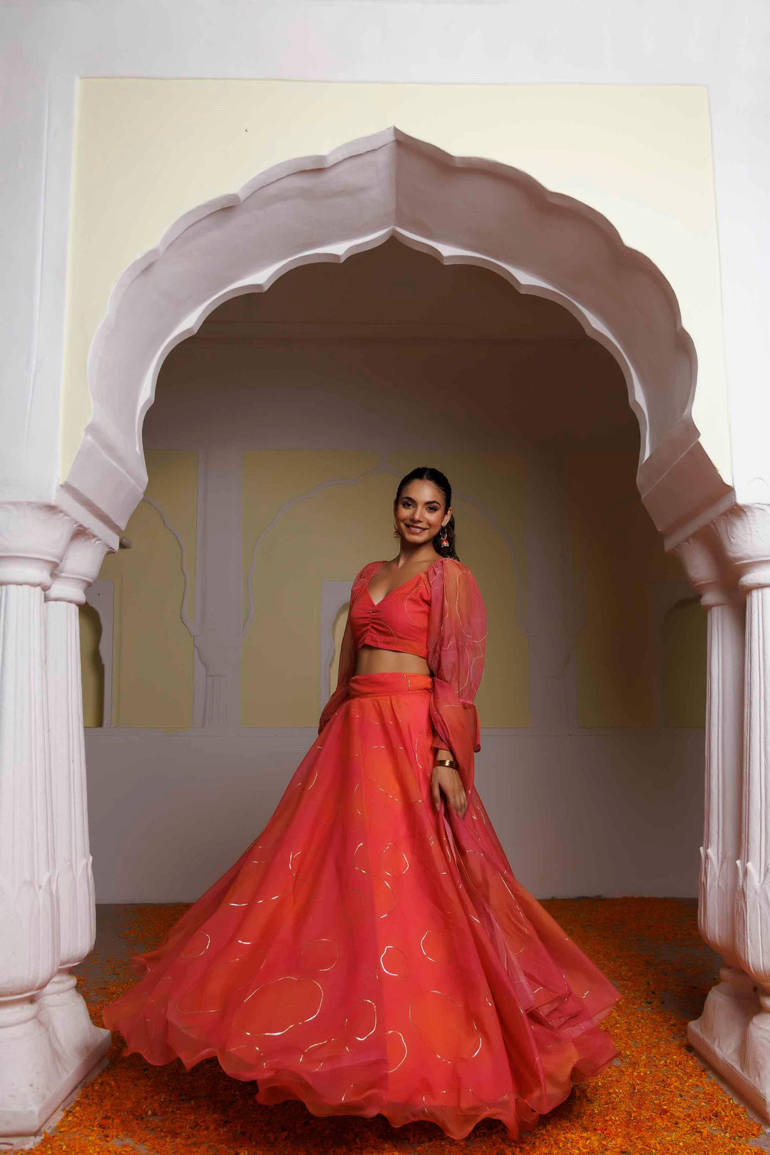 Georgia Peach Coral Lehenga Set - qivii