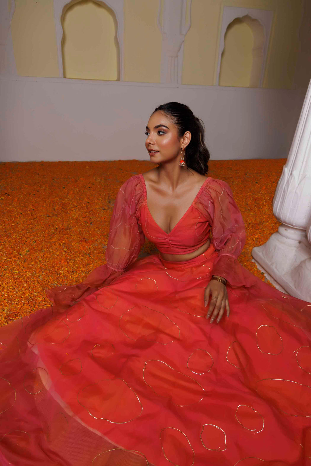 Georgia Peach Coral Lehenga Set - qivii