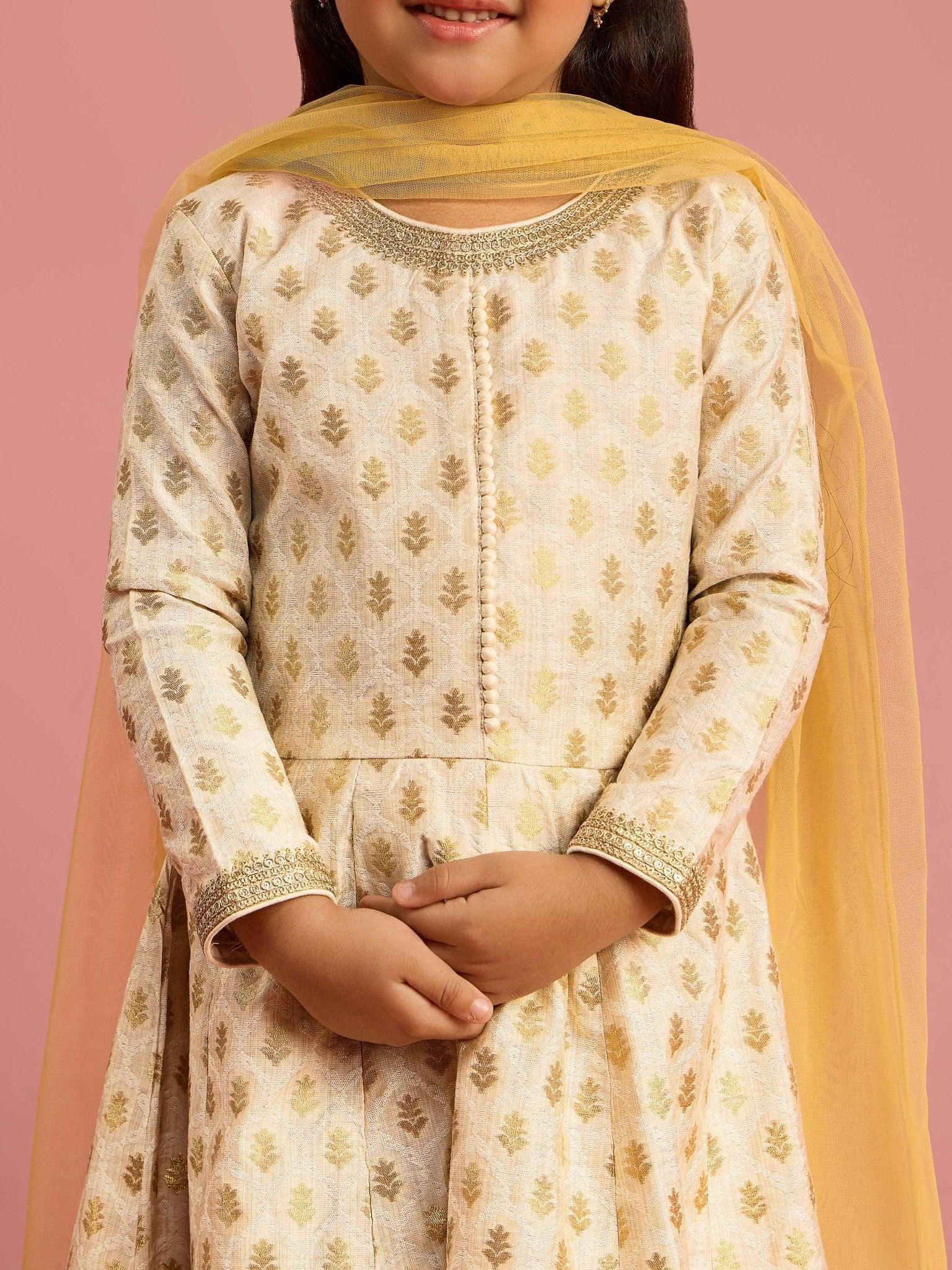 Girls Cream Zari Woven Viscose Anarkali Set with Pant and Chiffon Dupatta