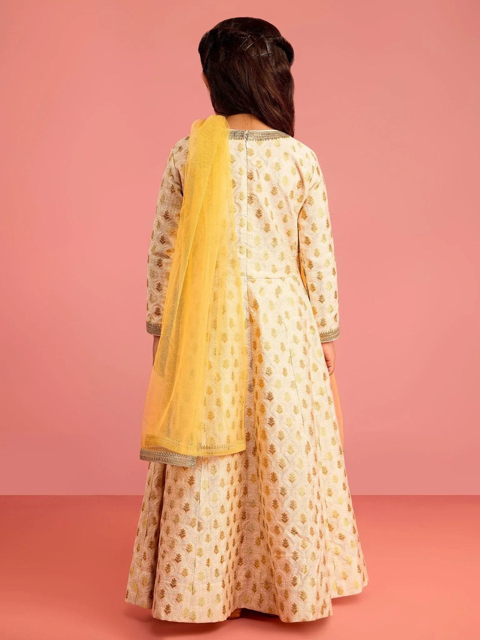 Girls Cream Zari Woven Viscose Anarkali Set with Pant and Chiffon Dupatta