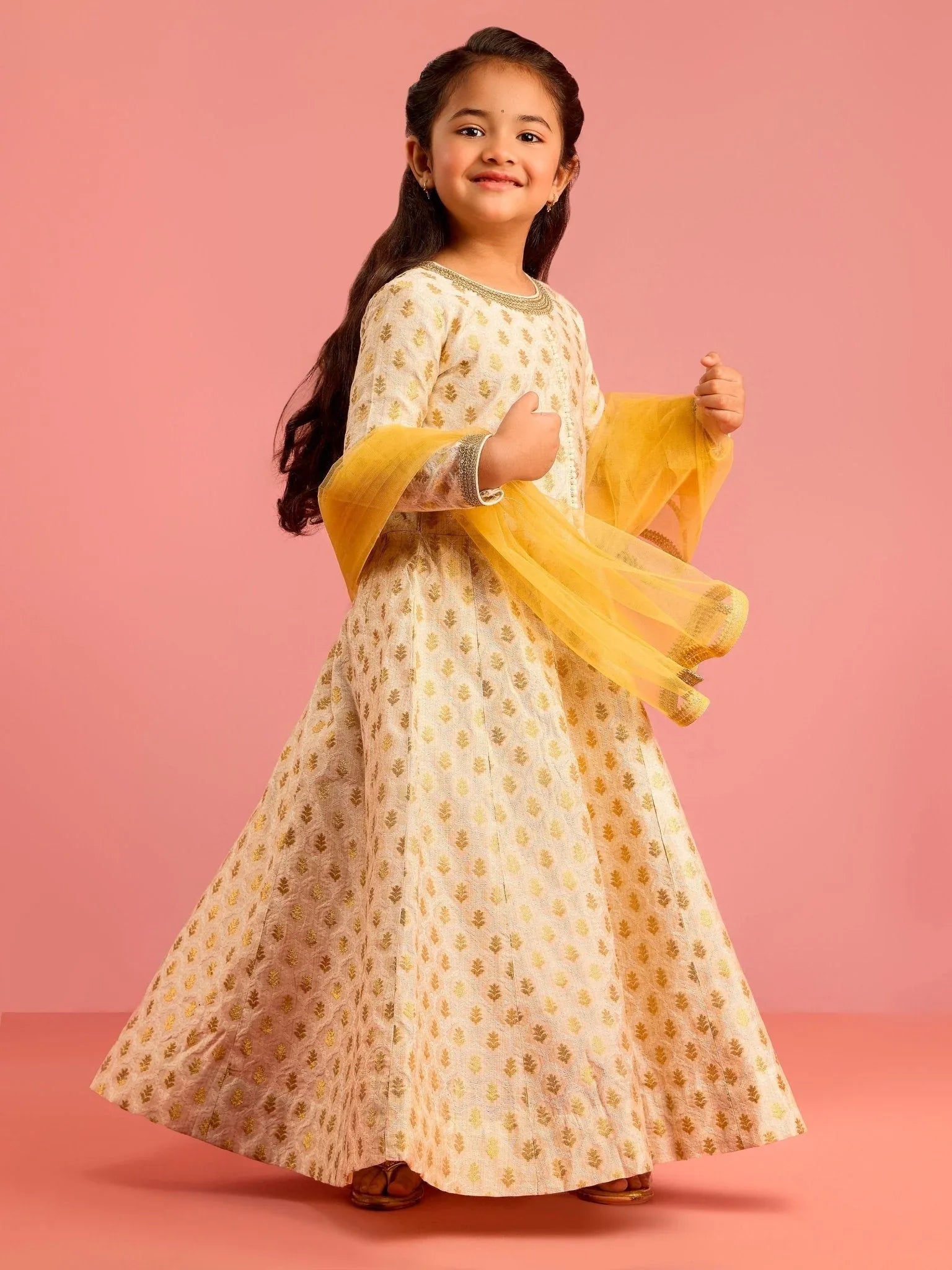 Girls Cream Zari Woven Viscose Anarkali Set with Pant and Chiffon Dupatta