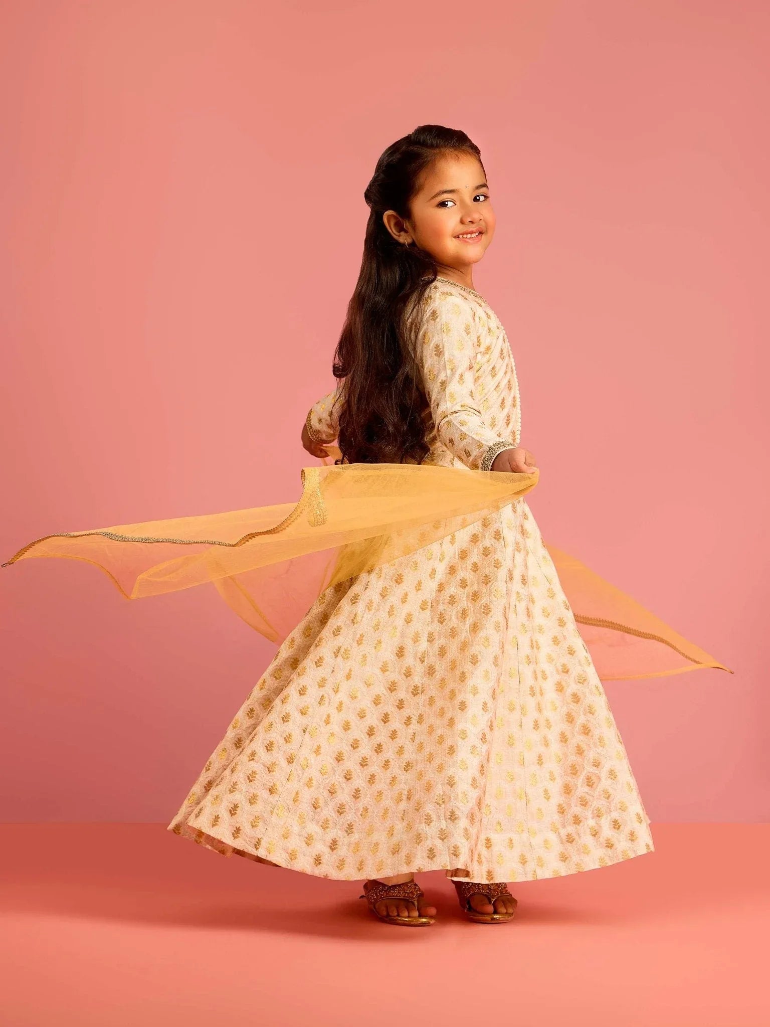 Girls Cream Zari Woven Viscose Anarkali Set with Pant and Chiffon Dupatta